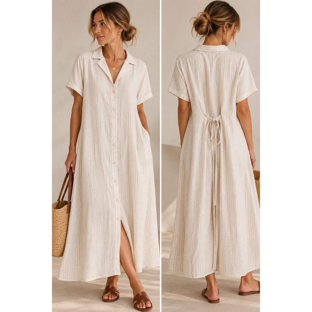 ABLE Tan White Pinstripe Linen Blend Button Down Maxi Dress 2X